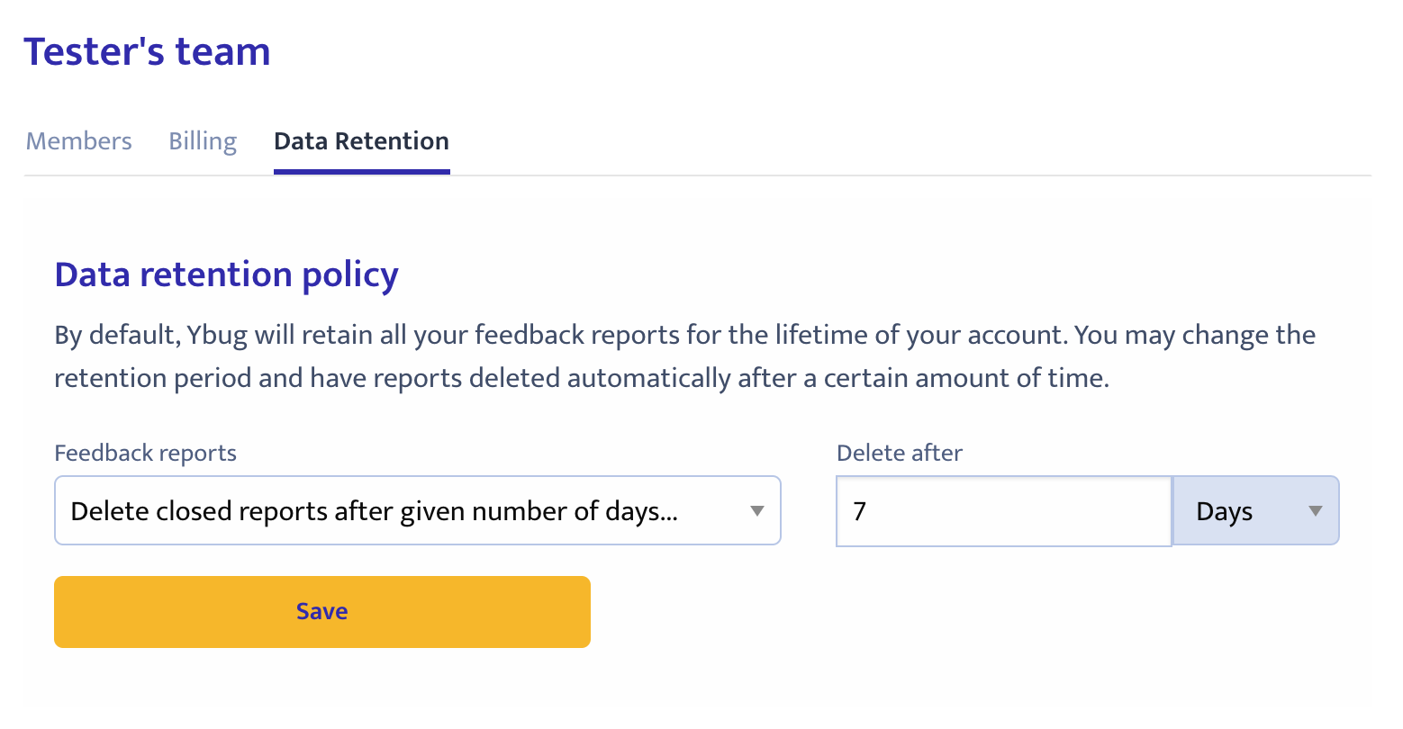 Data retention policy settings
