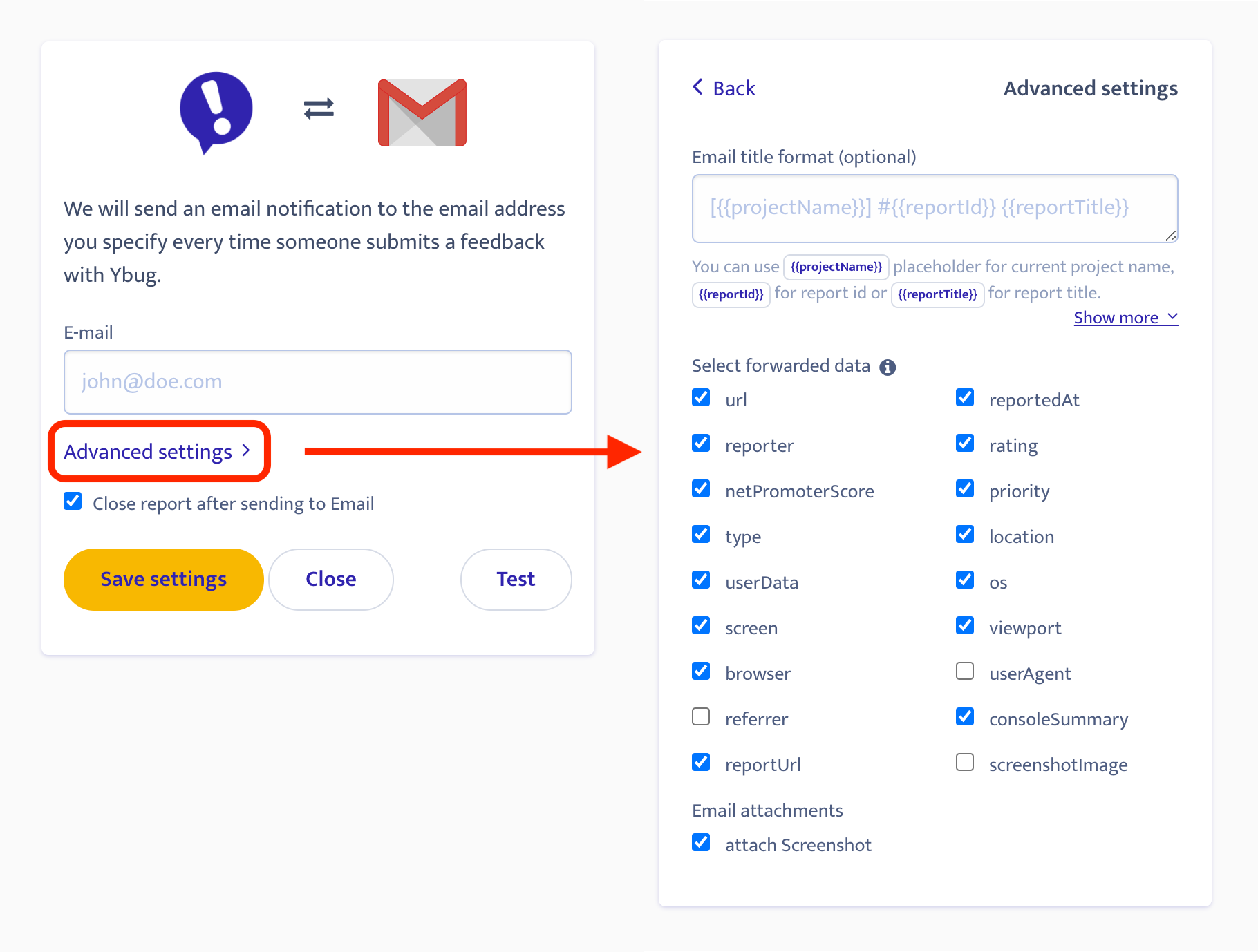 Email integration advanced settings