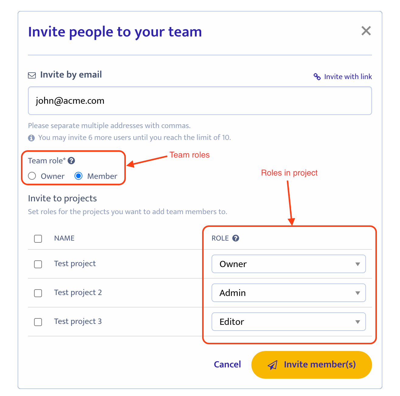 Add new team member and assign project role dialog box