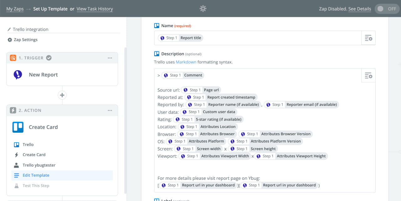 Example Ybug - Trello zap