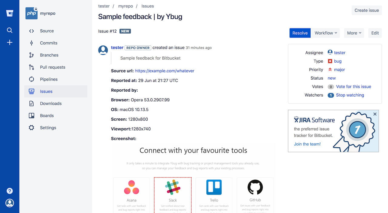 Ybug + Bitbucket integration