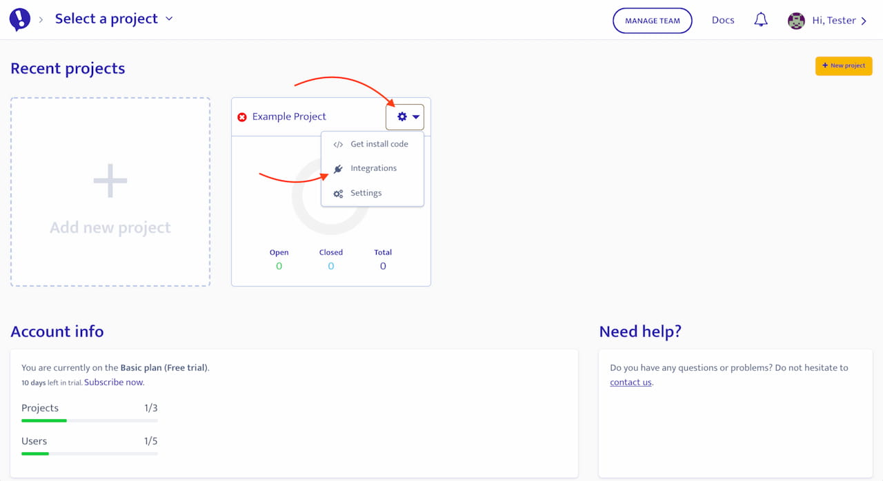 Asana integration setup - from Ybug dashboard