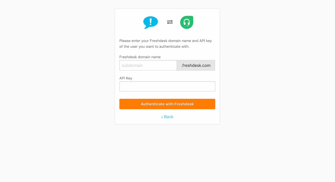 Ybug + Freshdesk integration authentication page