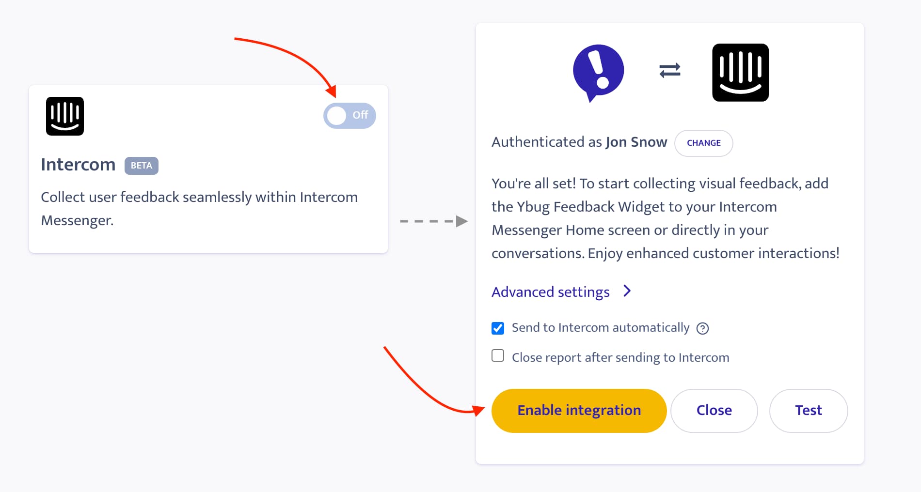 Ybug + Intercom - enable integration