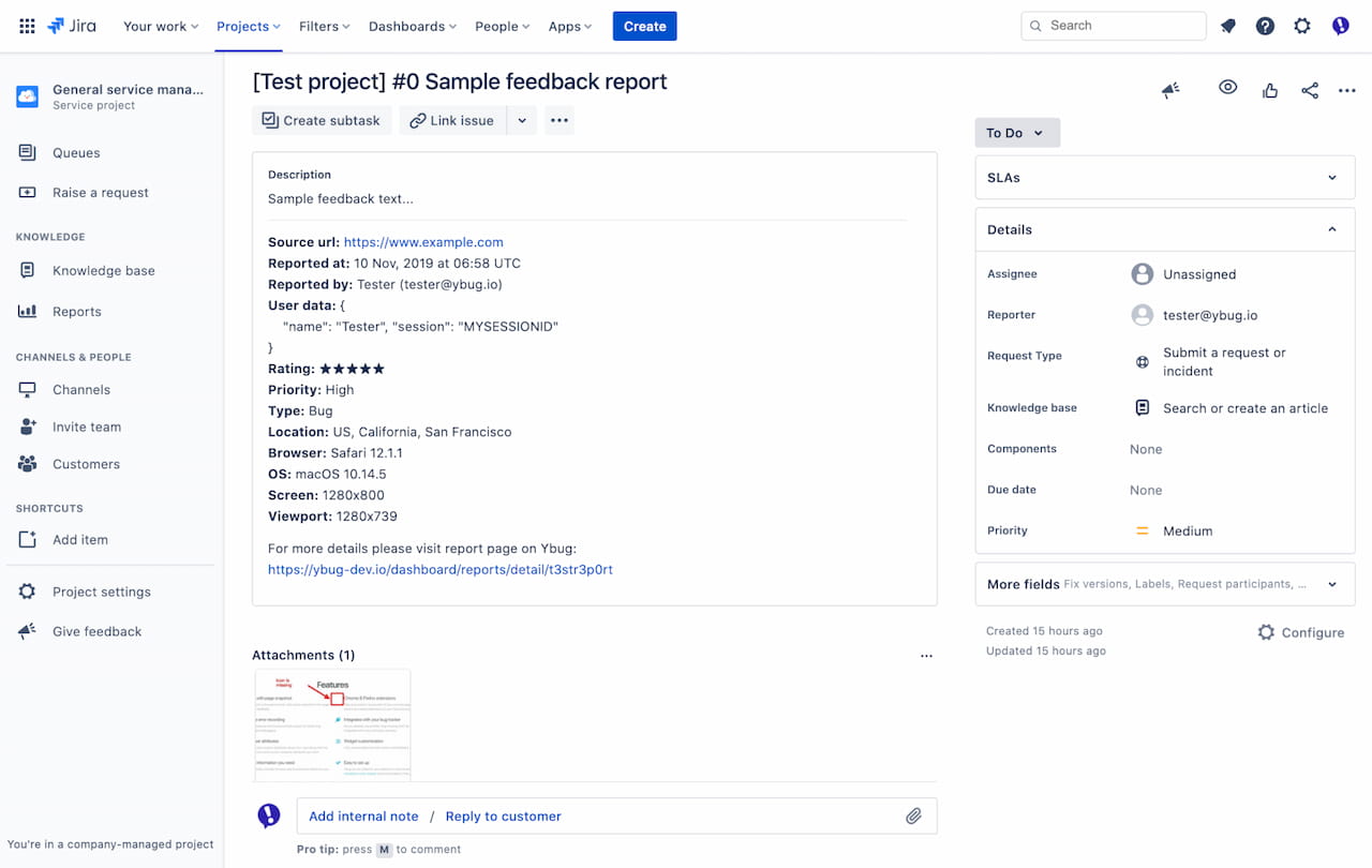 Ybug + Jira Service Desk integration