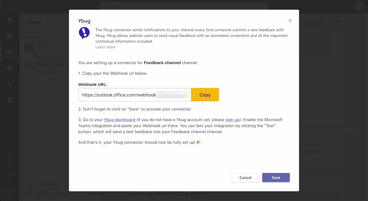 Microsoft Teams - copy your Webhook URL