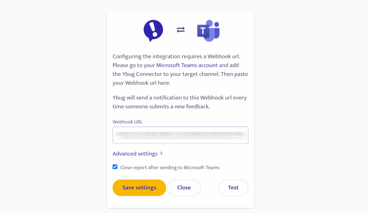 Microsoft Teams integration settings