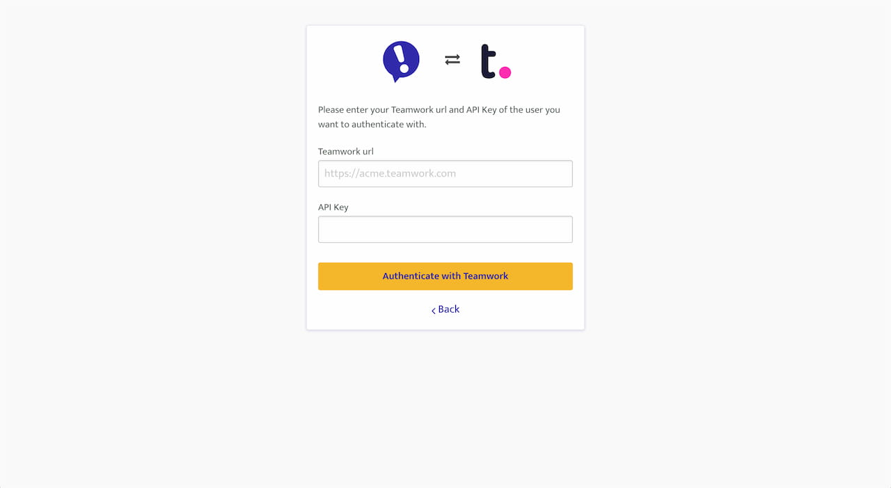 Ybug + Teamwork authentication page