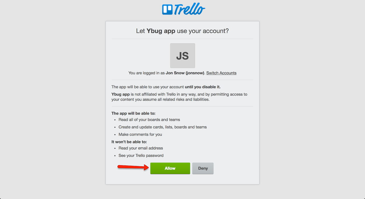 Trello authorization page