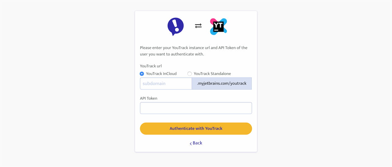 Ybug + Youtrack authentication page