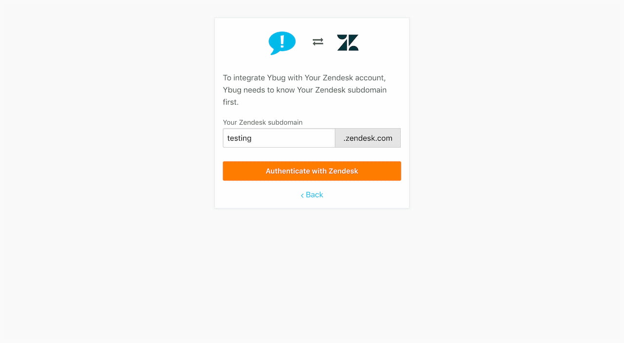 Ybug + Zendesk authentication page