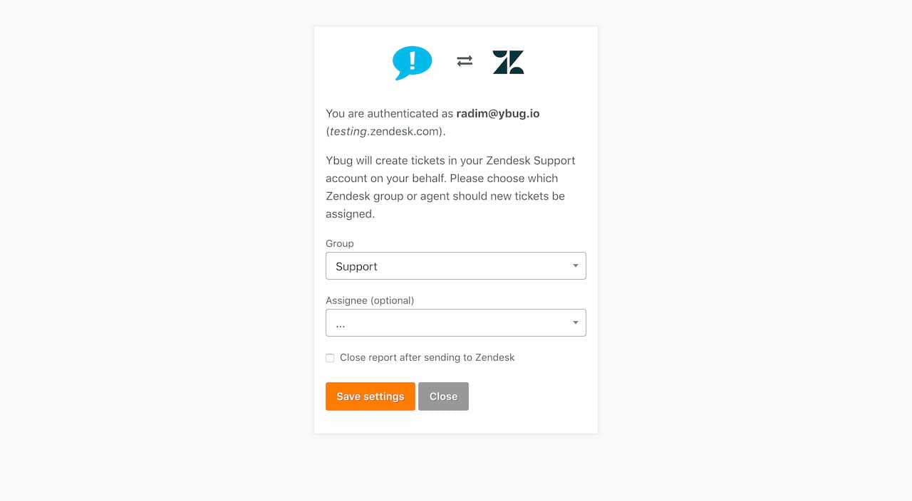 Ybug + Zendesk integration settings