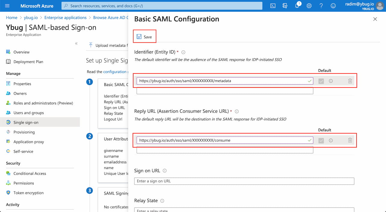 SAML SSO instructions in Azure AD