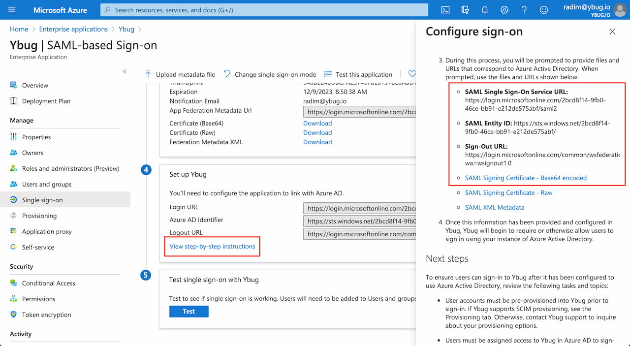 SAML SSO instructions in Azure AD