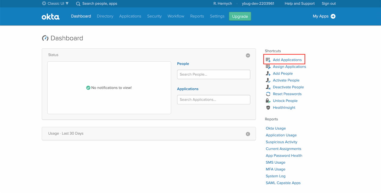 Click App applications in Okta Admin Dashboard