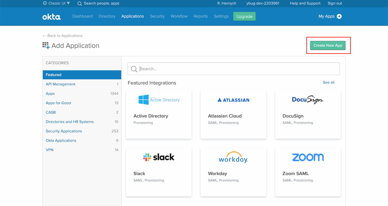 Click Create New App in Okta Admin Dashboard