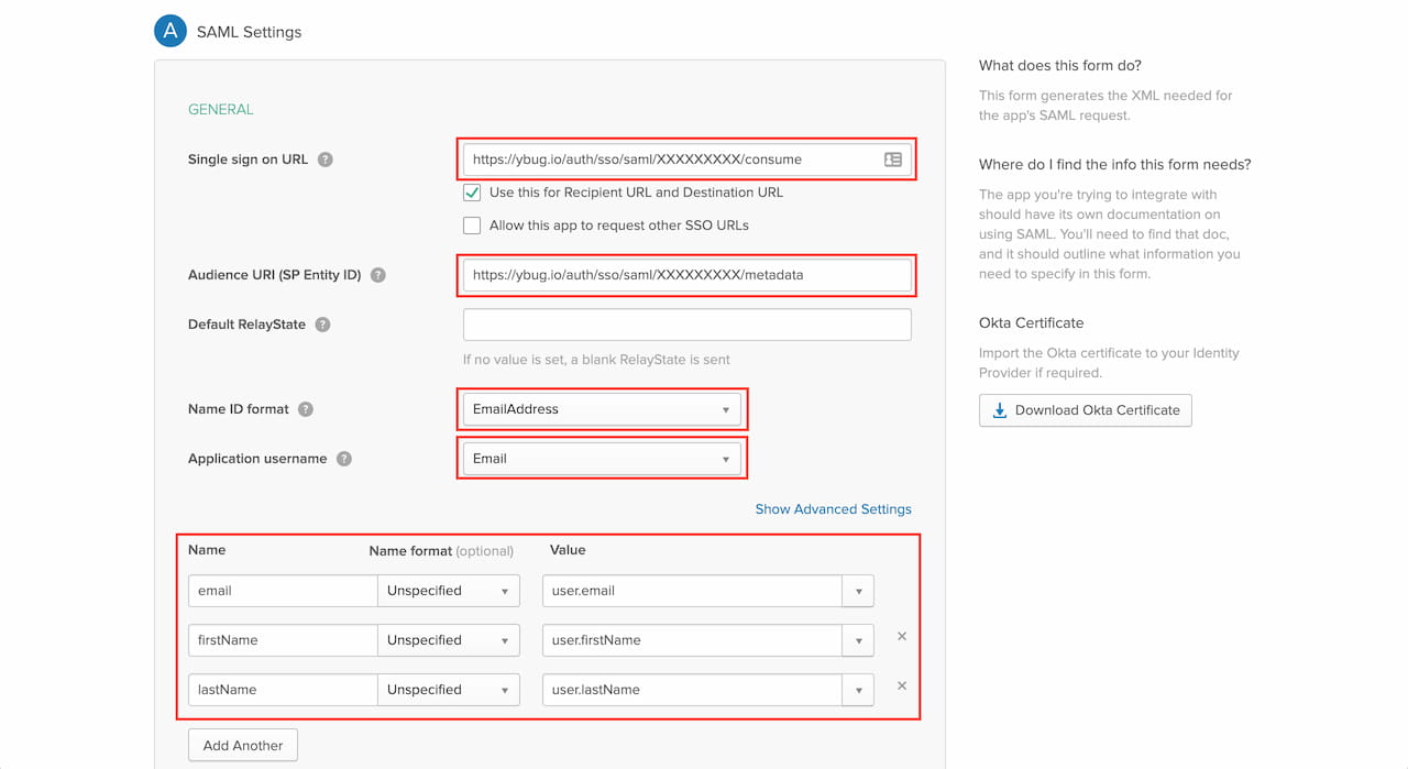 SAML settings in Okta Admin Dashboard