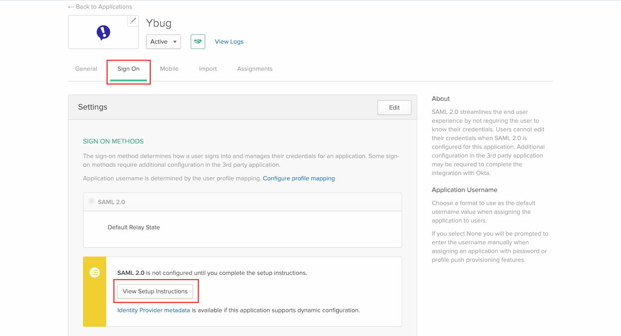View Setup instructions in Okta Admin Dashboard